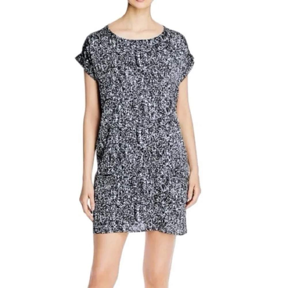 Eileen Fisher Silk Organic Cotton Abstract Print Shift Dress Black White Medium